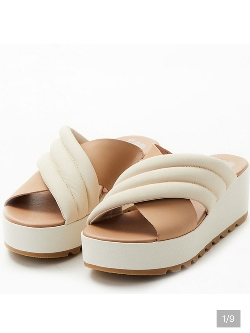 Sorel Cameron Flatform Puff Mule Sandals Size 7.5 Chalk Beige Leather Platform